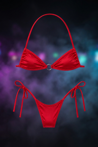 Red Ring Detail Triangle Bikini with Tie-Side Bottom