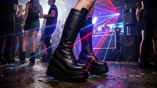 Demonia Shaker-72 Platform Boots | Black Lace-Up Mid-Calf Wedge Boots