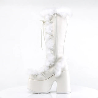 Demonia Camel-311 White Vegan Suede Platform Knee-High Boots – 5” Platform Faux Fur Goth Boots