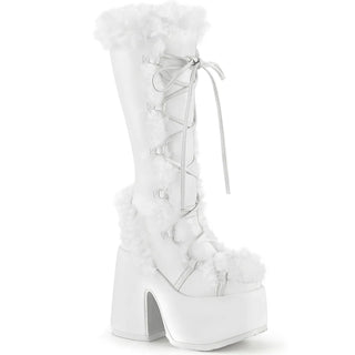 Demonia Camel-311 White Vegan Suede Platform Knee-High Boots – 5” Platform Faux Fur Goth Boots