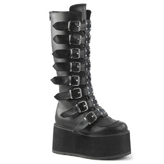 Demonia Damned-318 Black Vegan Leather Platform Knee-High Boots – 3.5” Platform Lace-Up Goth Boots