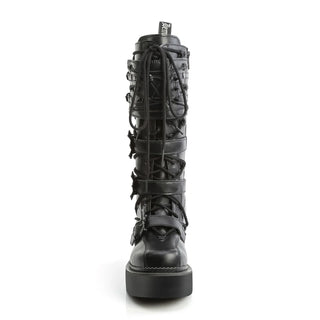 Demonia Rebel-200 Black Vegan Leather Platform Combat Knee-High Boots | 2” Platform Skull Buckle Goth Boots