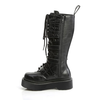 Demonia Rebel-200 Black Vegan Leather Platform Combat Knee-High Boots | 2” Platform Skull Buckle Goth Boots