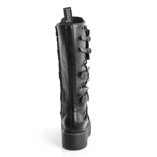 Demonia Rebel-200 Black Vegan Leather Platform Combat Knee-High Boots | 2” Platform Skull Buckle Goth Boots