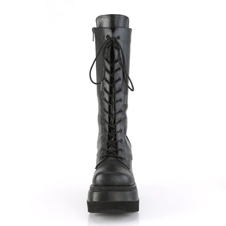 Demonia Shaker-72 Platform Boots | Black Lace-Up Mid-Calf Wedge Boots