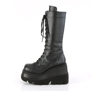 Demonia Shaker-72 Platform Boots | Black Lace-Up Mid-Calf Wedge Boots
