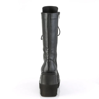 Demonia Shaker-72 Platform Boots | Black Lace-Up Mid-Calf Wedge Boots