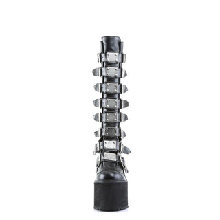 Demonia Swing-815 Black Vegan Leather Platform Knee-High Boots | 5.5” Wedge Buckle Goth Boots