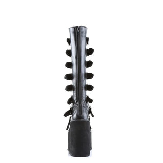 Demonia Swing-815 Black Vegan Leather Platform Knee-High Boots | 5.5” Wedge Buckle Goth Boots