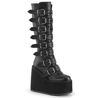Demonia Swing-815 Black Vegan Leather Platform Knee-High Boots | 5.5” Wedge Buckle Goth Boots